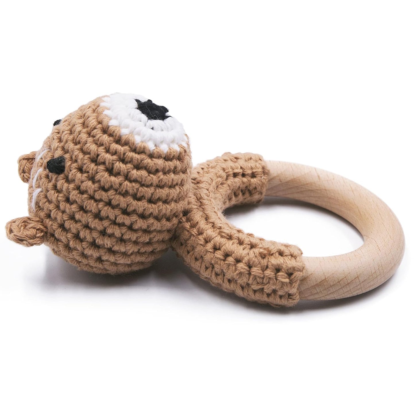 Joliecraft Woodland Friends Baby Rattle Shaker Toy with Wooden Teething Ring for Infants 3 6 9 12 Months Brown Bear