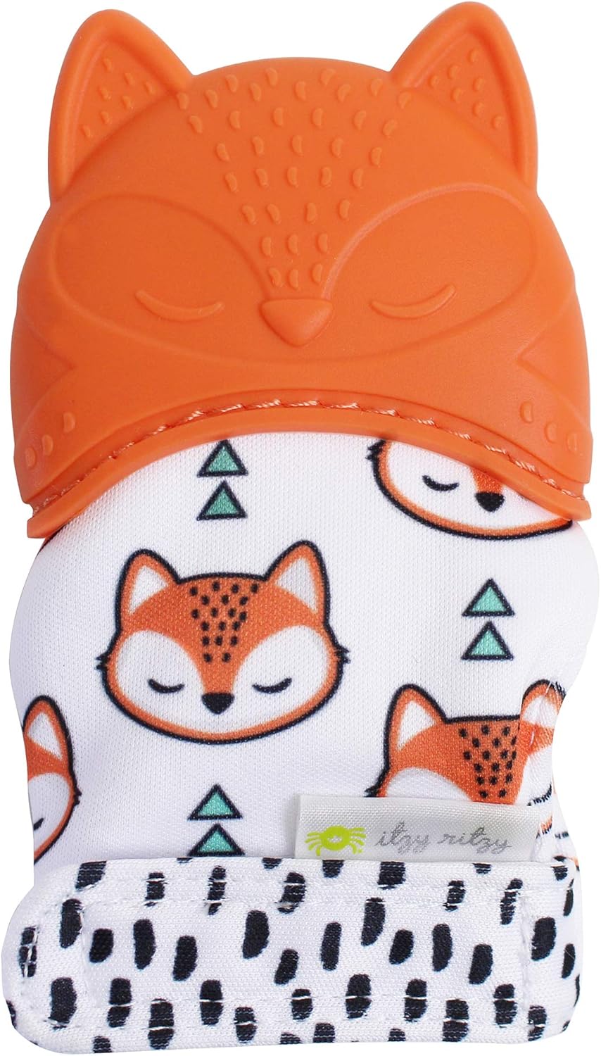 Itzy Ritzy Silicone Teething Mitt - Soothing Infant Teething Mitten with Adjustable Strap, Crinkle Sound & Textured Silicone to Soothe Sore & Swollen Gums - For Ages 3 Months & Up (Fox)