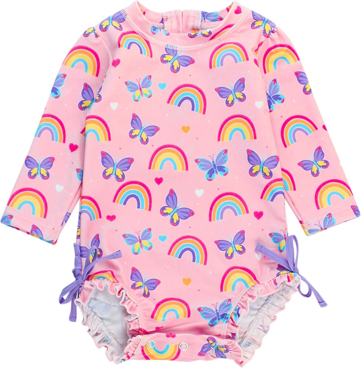 RuffleButts Baby Girls UPF 50+ Sun Protection Novelty Print Long Sleeve One Piece Rash Guard Swimsuit with Zipper