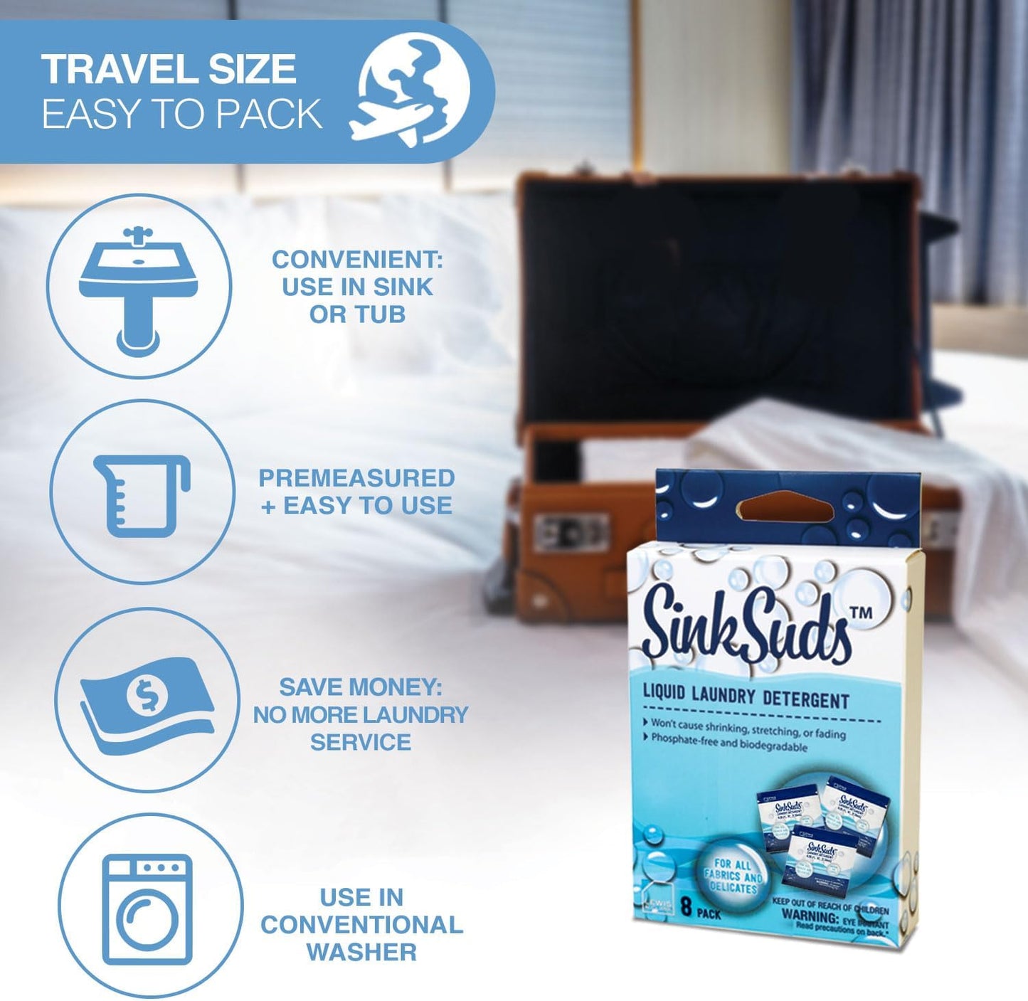 SinkSuds Travel Laundry Detergent Liquid Soap + Odor Eliminator for All Fabrics Including Delicates, Sink-Packets, 0.25 Fl Oz (Pack of 16)