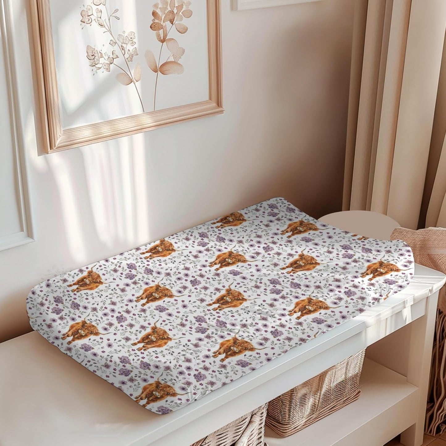 Soft 2 Pack Highland Cow Floral Pattern Baby Changing Pad Covers for Infant Newborn, Unisex Farm Animals Western Cow Flowers Nursery Fitted Diaper Changing Table Pad Mat Sheets for Boys Girls-16x32