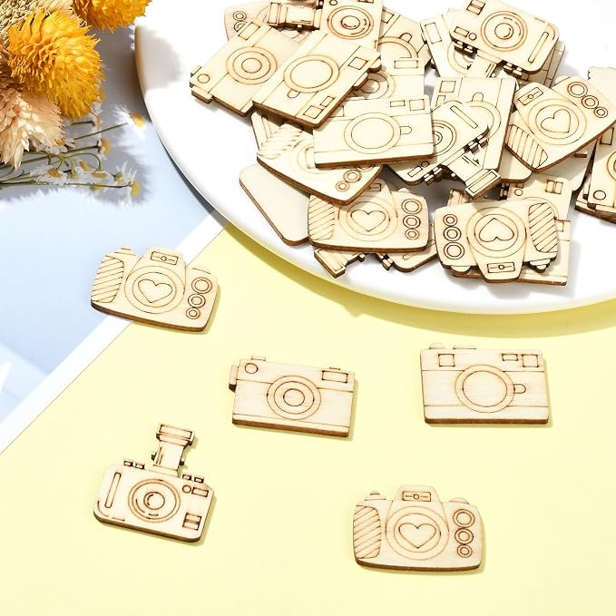 200 pcs Mixed Styles Camera Theme Unfinished Wooden Cutout Charms Travel