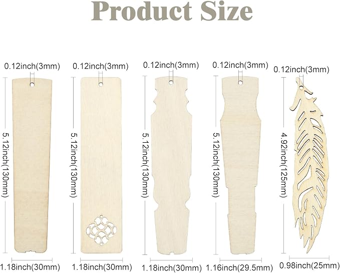50 pcs 5 Styles Blank Theme Unfinished Wood Cutout Bookmarks Feather Flower