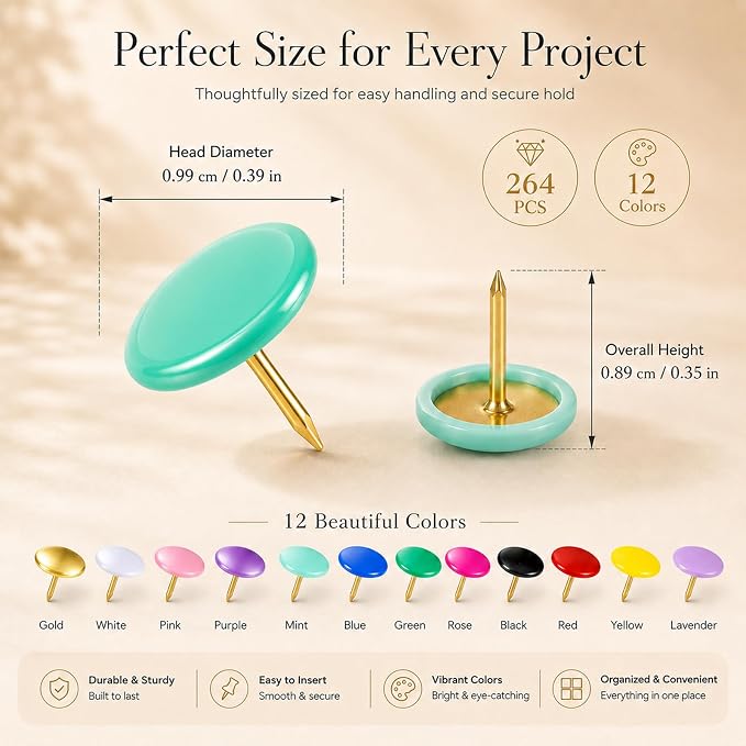 12 Colors Thumb Tacks 264PCS Plastic Round Head Thumbtack Metal Flat Push Pins