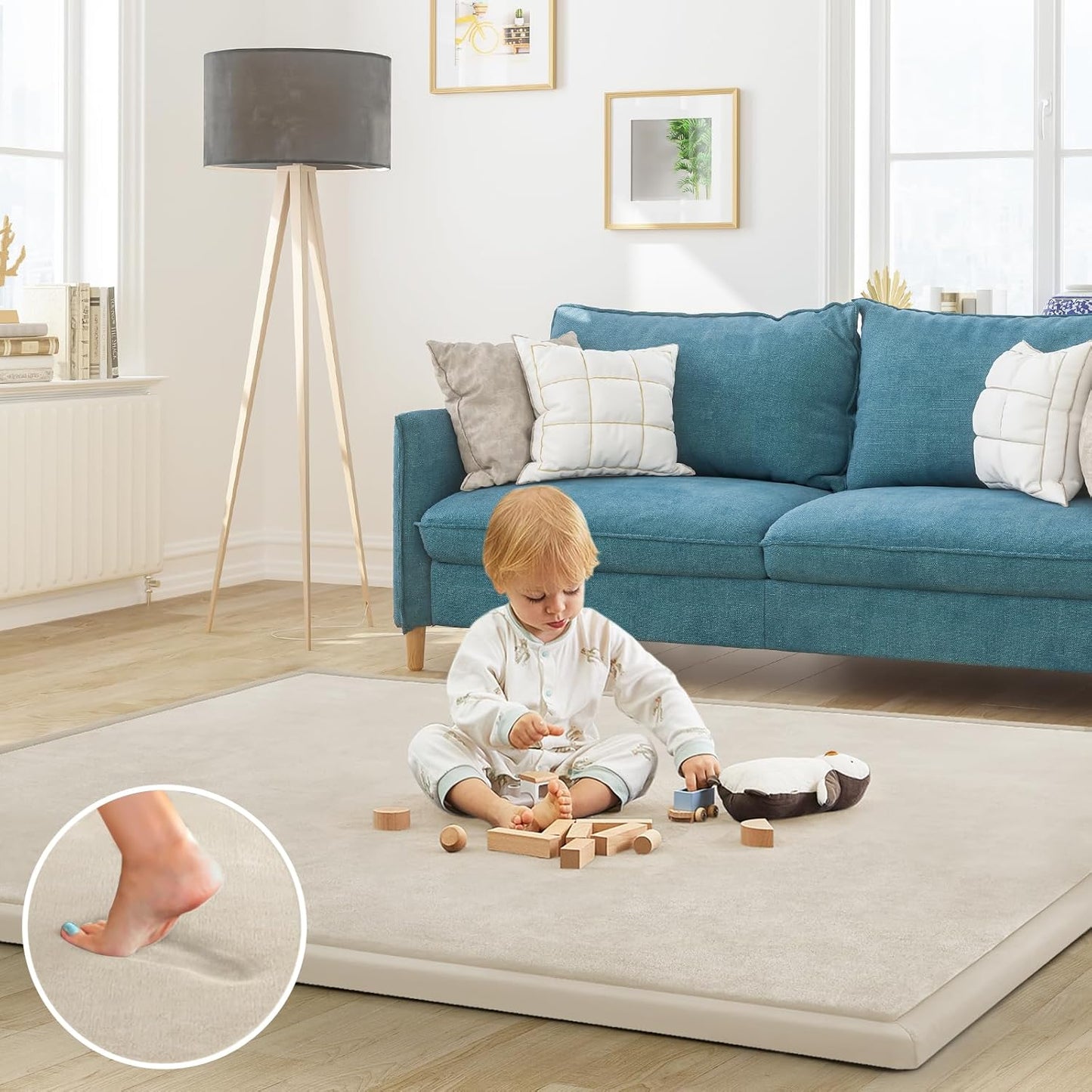Baby Play Mat for Floor Tummy Time Mat Nursery Muscle Area Rug Playroom Rug Tatami 59"*59" Memory Foam 1.3" Thick Crawling For Babies,Toddlers, Infants, Kids,Floor(Beige)