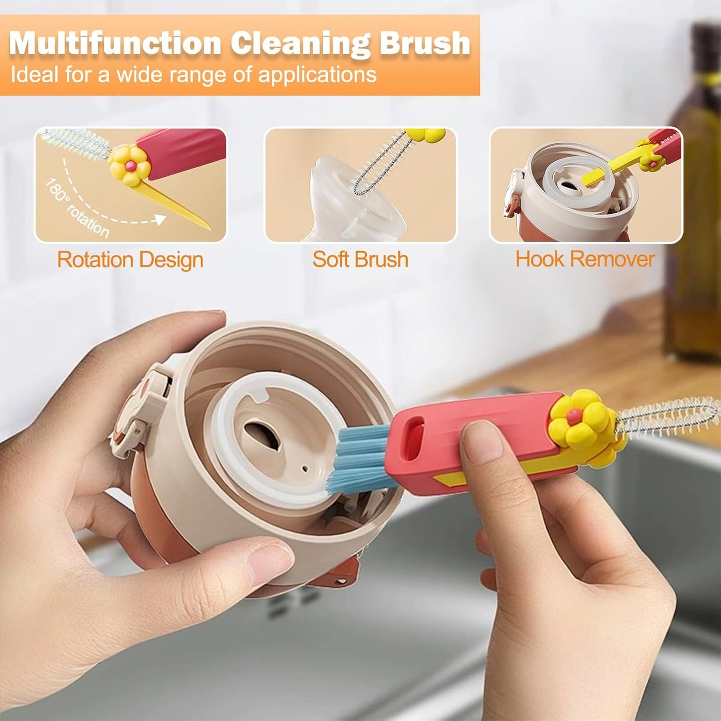 FANTEXY 3 in 1 Cup Lid Cleaning Brush Set, 3 Pieces Multifunctional Bottle Cleaning Brush, Bottle Cleaner Brush for Coffee Cups Lid Gap, Portable Cup Lid Cleaning Tools Cleaner Brush