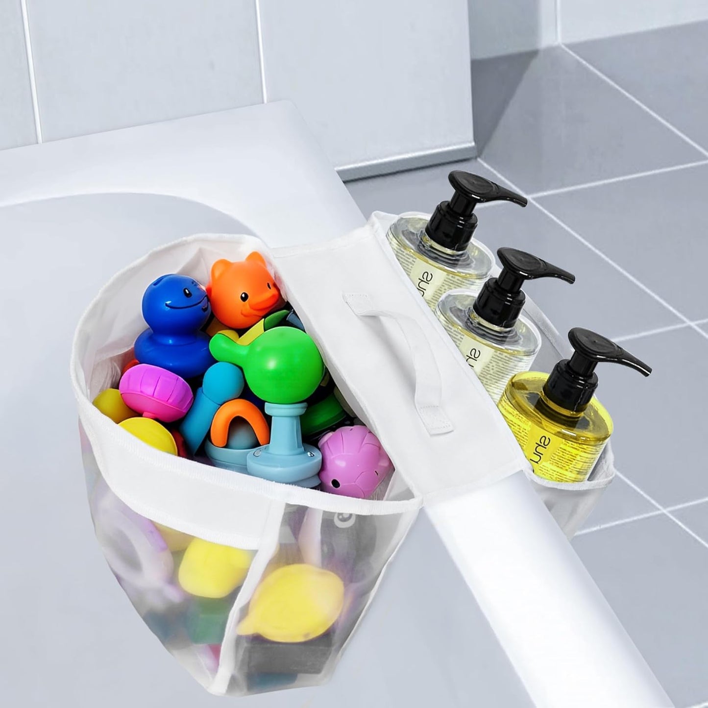 Bath Toy Storage, 2 Compartments Bathtub Toy Storage, Easy to Place, Mesh Material Bath Toy Holder Keeps Toys Dry and Breathable, Shower Toy Holder for Bathtub Developing Children's Storage Habits