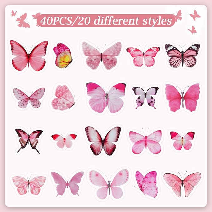 Imeepa 40Pcs Pink Butterfly Stickers Transparent Scrapbooking Stickers | PET