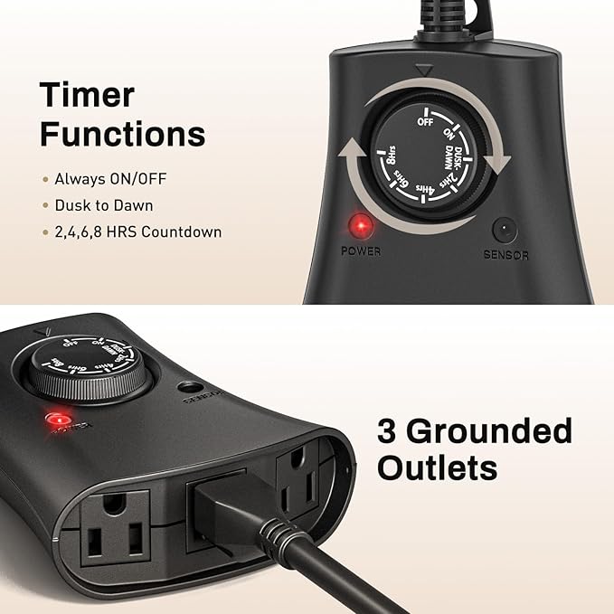 Lights Plug Timer Outdoor, Dusk to Dawn Electrical Timer Switch with Remote, Waterproof 3 Grounded Electrical Outlets for Halloween Christmas, 2PCS