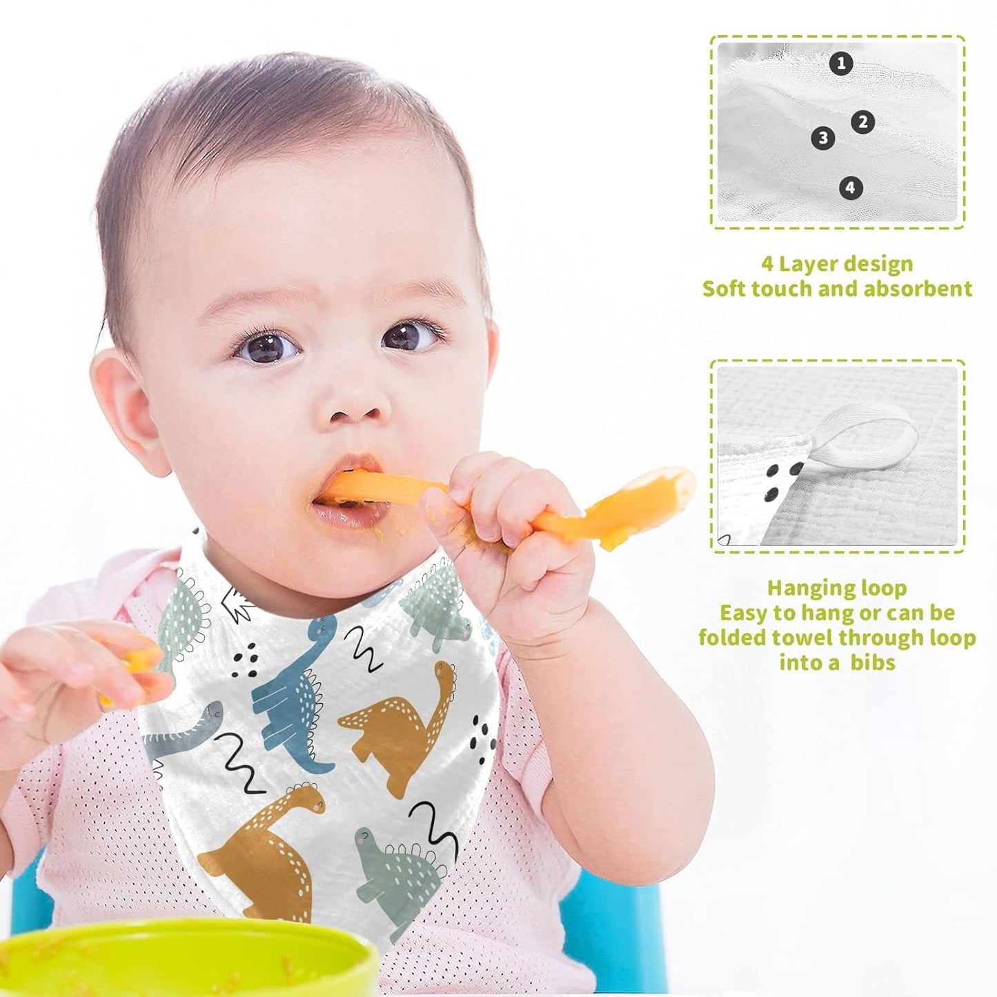 Cute Dinosaurs Bushes Dots Doodles Burp Cloths for Boys Girls Cute Childish Dino Baby Muslin Washcloths Newborn Soft Absorbent Face Bath Towel Kids Wash Cloth 12 x 12,3 Pack