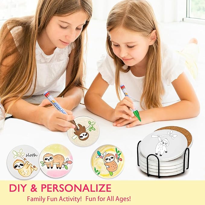 6 Absorbent Ceramic Tiles with Cork Base, Paint Your Own Sloth Coaster | Arts