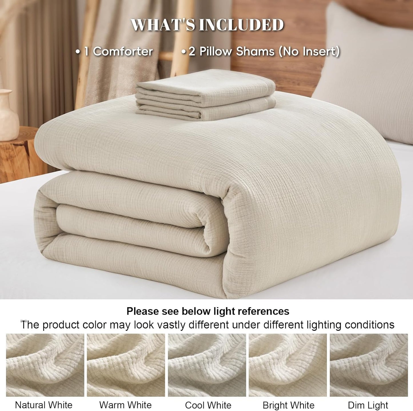 PHF Cotton Muslin Comforter Set King Size – Ultra Soft, Breathable & Lightweight Bedding Set for All Seasons, 3 Pieces - 1 Comfy Comforter 104"x90", 2 Pillow Shams 20"x36", Natural