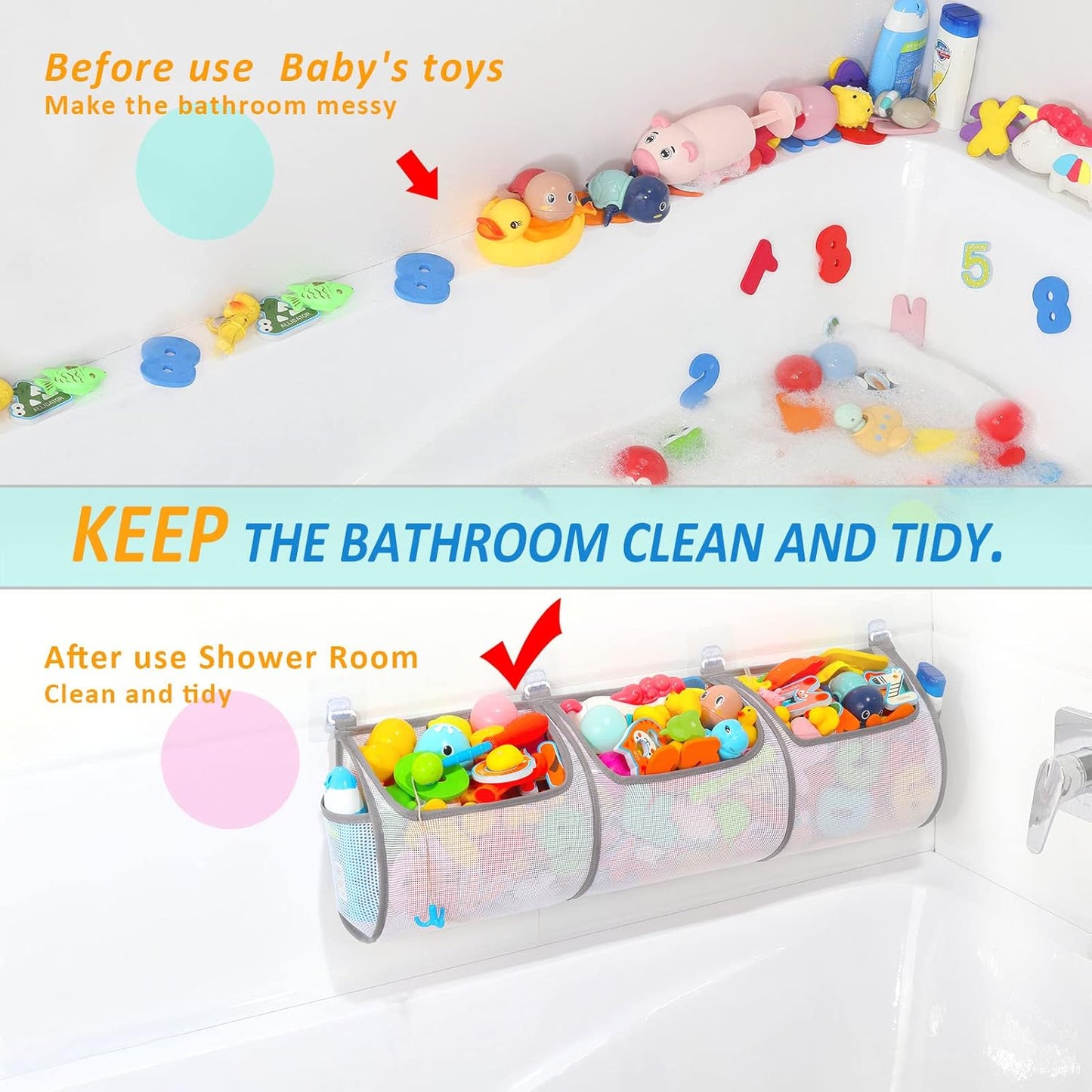 Ligereza Bathtub Toy Holder，Prevent Spots，Bath Toy Storage Bath Toys for Kids Ages 4-8 30“x8.7”Mesh Bath Toy Holder，let Baby Bath Toys Quick Drying