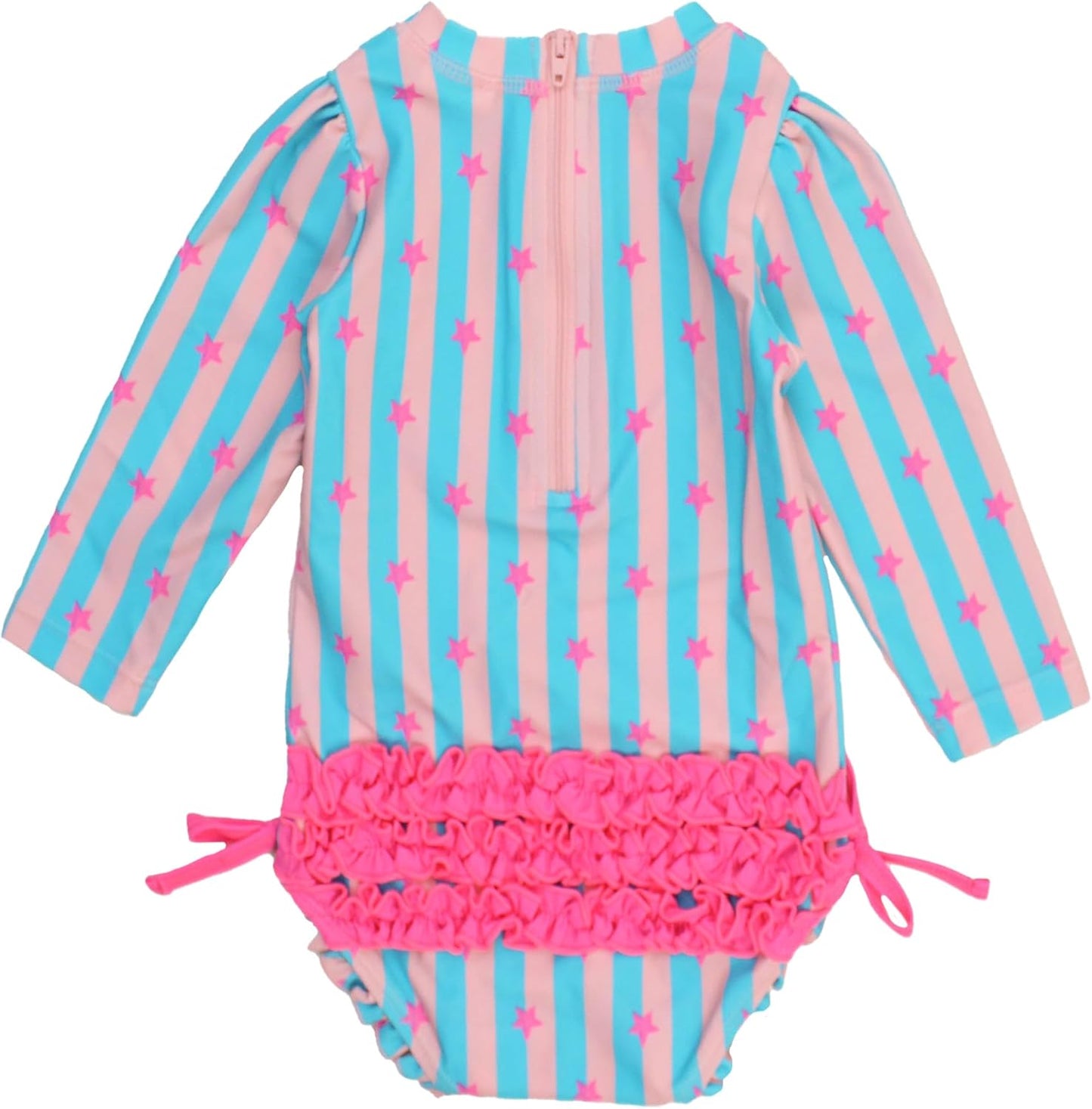 RuffleButts Baby Girls UPF 50+ Sun Protection Novelty Print Long Sleeve One Piece Rash Guard Swimsuit with Zipper