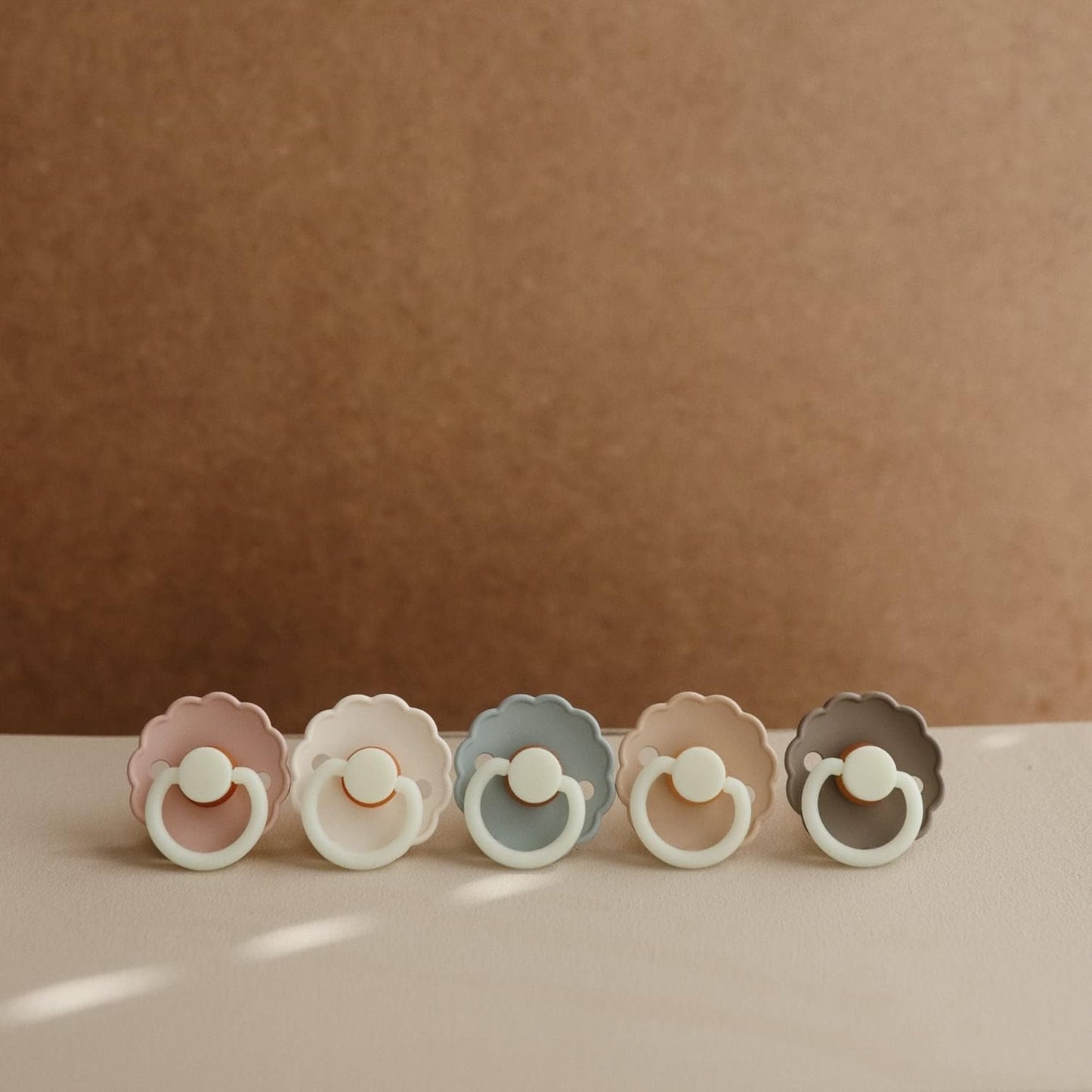 FRIGG Daisy Night Natural Rubber Baby Pacifier | Made in Denmark | BPA-Free (French Gray/Croissant, 6-18 Months) 2-Pack
