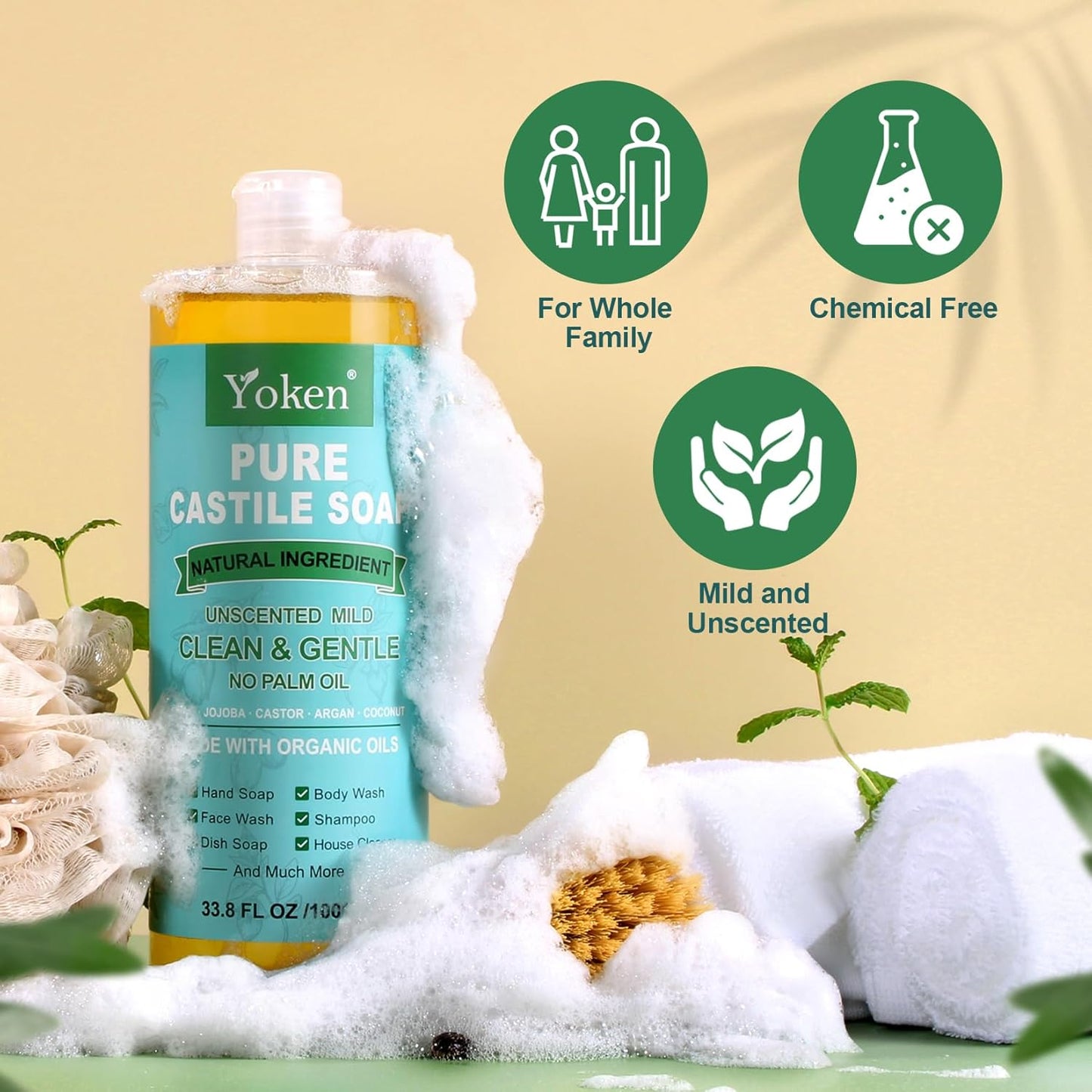 Pure Castile Soap Liquid Unscented 67 fl oz Castile Liquid Soap Made With Organic Oil, Clean & Gentle, No Palm Oil, Vegan, Natural Castille soaps for Face Body Hand Wash, Dishes Multi-purpose