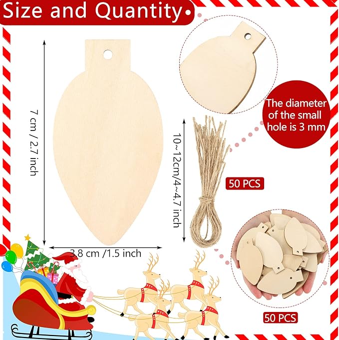 Queekay 50 Pcs Christmas Unfinished Wooden Light Bulb Wooden Slices Blank