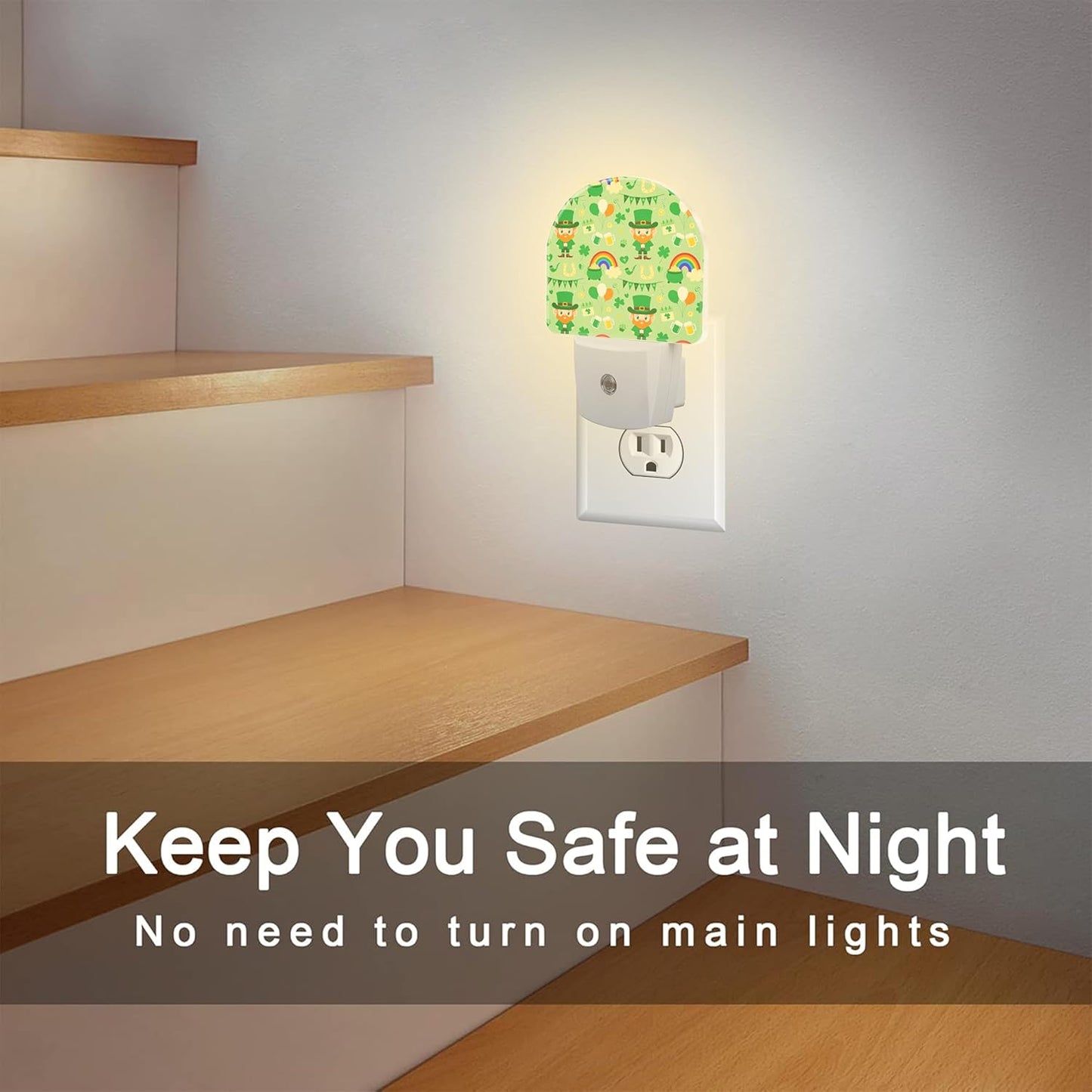 St. Patrick's Day Cute Pattern Night Light for Kids,Green Shamrock Leprechaun Rainbow Night Light Plug in with Dusk to Dawn Sensor, 0.5w Energy Saving Sleep Friendly Nightlight for Kitchen Bedroom