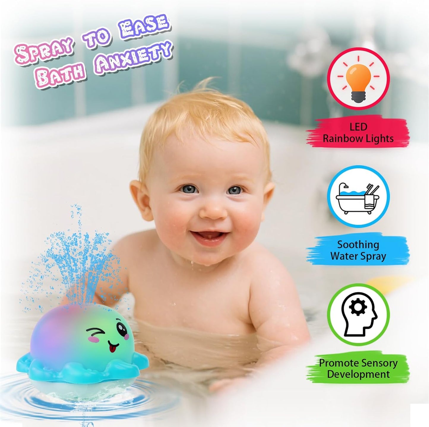 Light Up Bath Toy Sprinkler for Babies, Rechargeable Bathtub Pool Water Toys Baby Gifts for Toddlers, Shower Essentials (Blue Octopu)