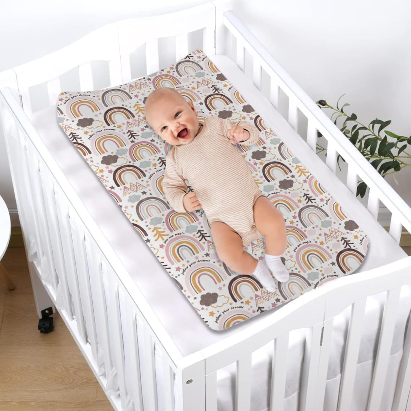 Colorful Boho Rainbow Changing Pad Covers Cute Rainbow Mountain Trees Clouds Stars Diaper Change Pad Sheets for Girls Boys Soft Breathable Stretchy Snug Fitted Changing Mat Cover 32''x16''
