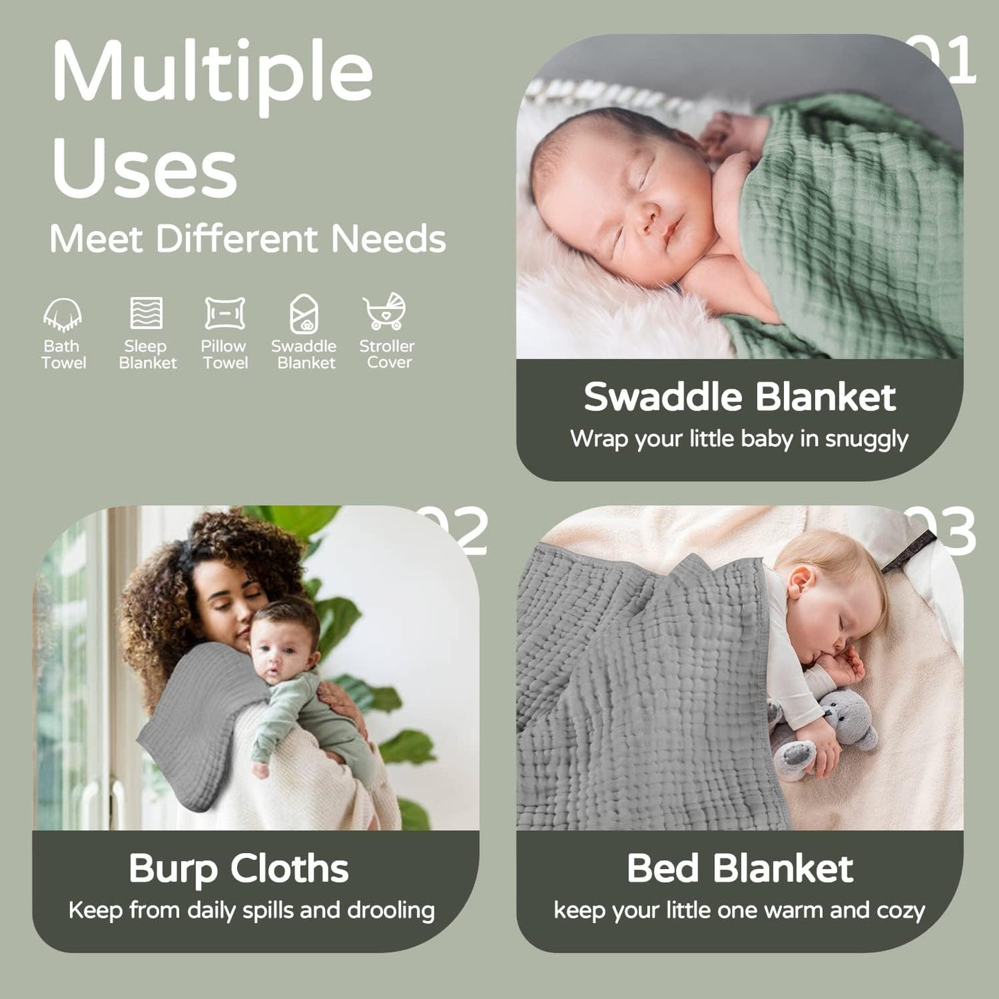 Yoofoss Hooded Baby Towels for Newborn 2 Pack 100% Muslin Organic Cotton Baby Bath Towel with Hood for Babies, Infant, Toddler and Kids, 32x32Inch, Soft and Absorbent Newborn Essential,Grey&Dark Green
