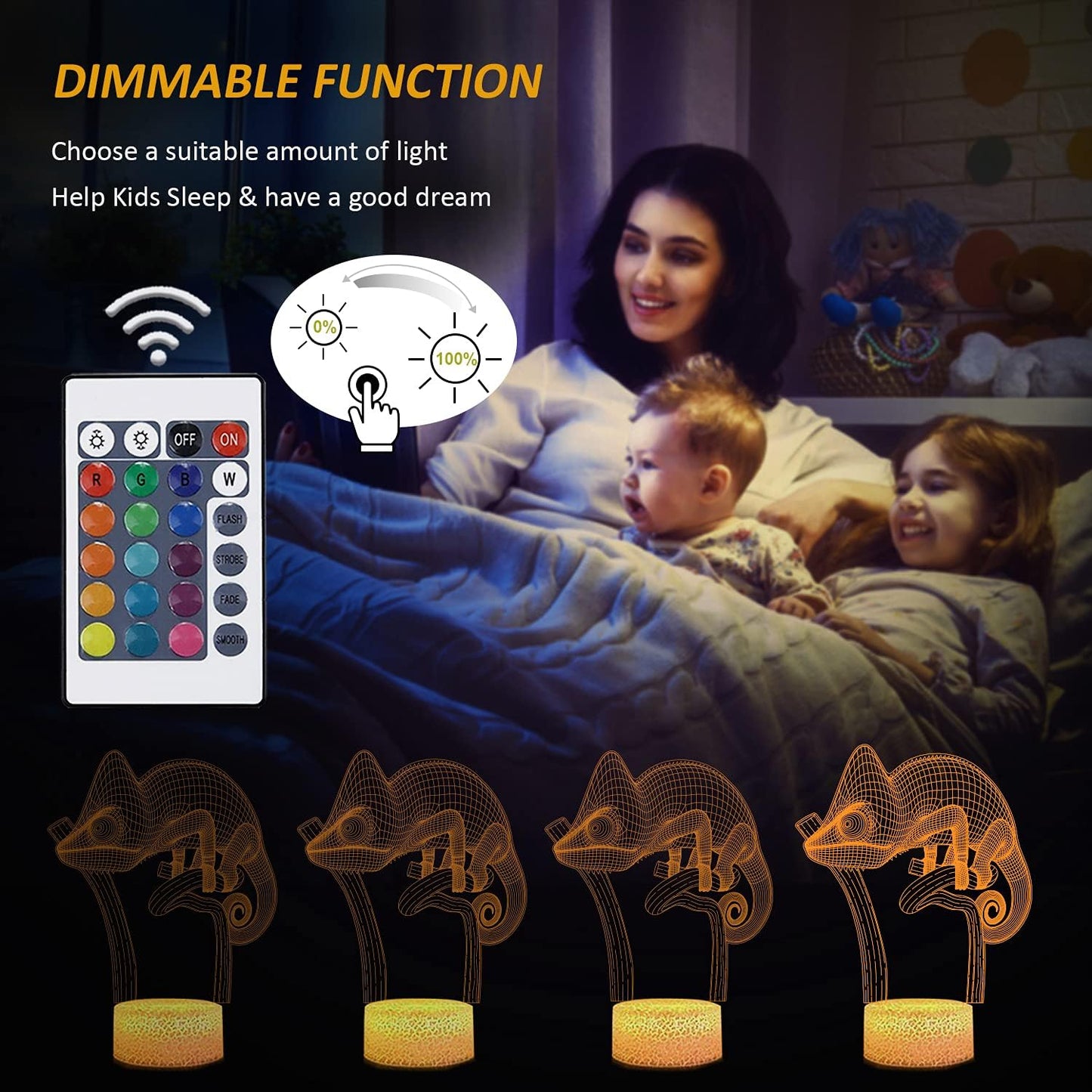 FULLOSUN Chameleon 3D Night Light Lizard Projection LED Lamp Baby Nursery Nightlight for Kids' Room Home Decor Xmas Birthday Gifts with Remote Control 16 Color Changing
