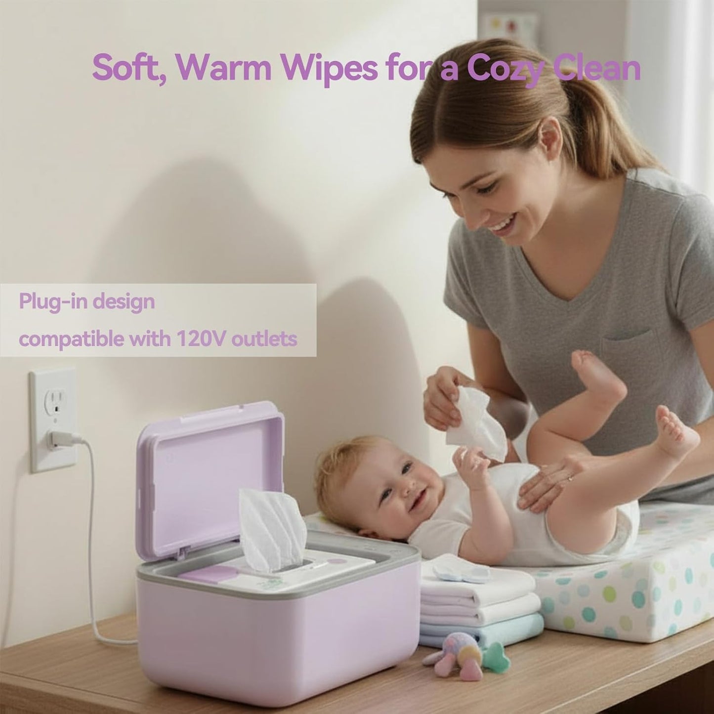 Chefhandy Wipe Warmer with Adjustable Temperature, Silent Heating & Large Capacity | Constant Warmth for Baby or Adult Wipes, Purple