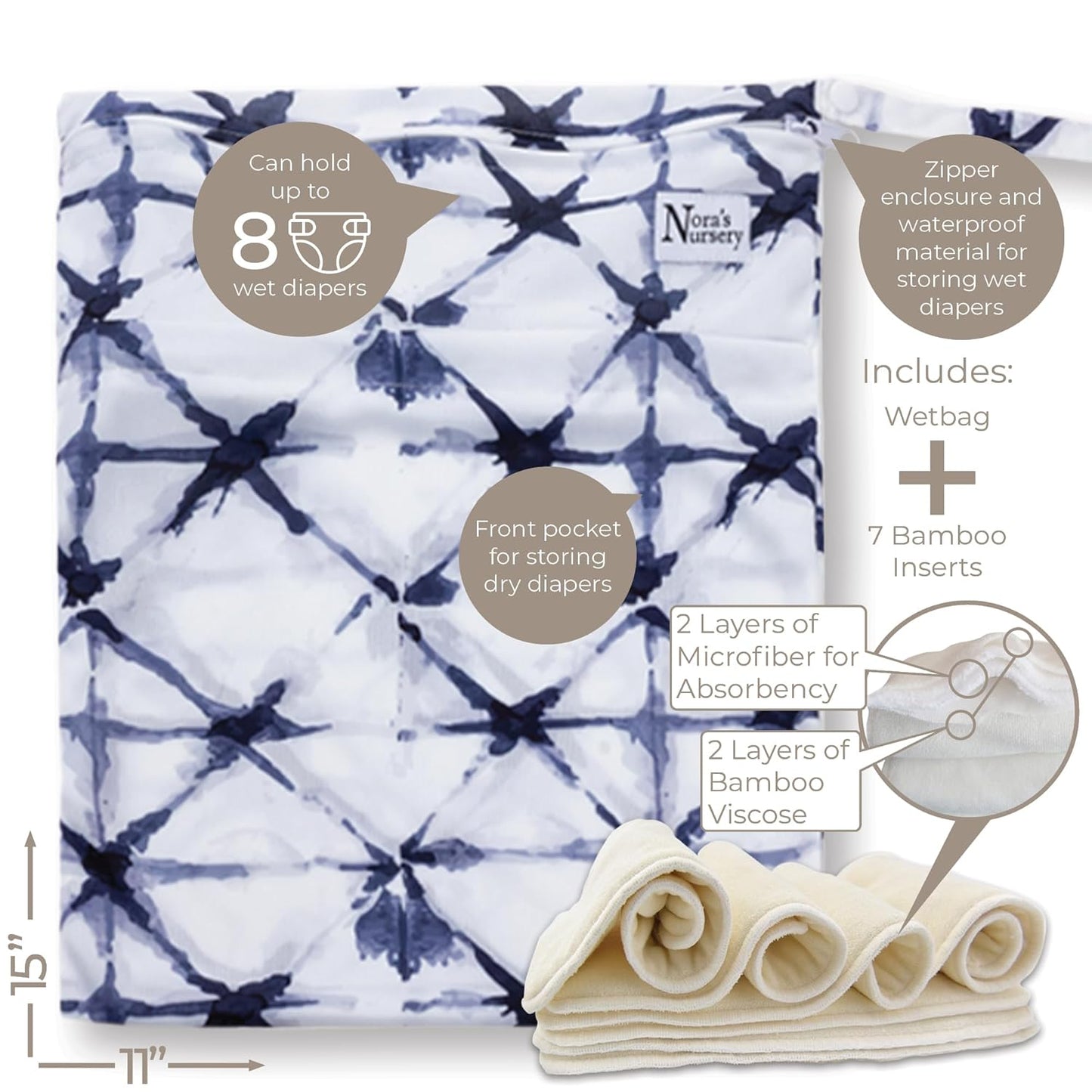 Nora's Nursery Cloth Diapers 7 Pack with 7 Inserts & 1 Wet Bag - Waterproof Cover, Washable, Reusable & One Size Adjustable Pocket Diapers for Newborns and Toddlers - Cali Coastal