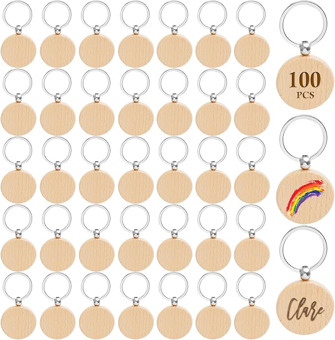 Blank Wooden Keychain Set 100 Pcs 1.5 Inch Round Key Tag | Engraving Blanks
