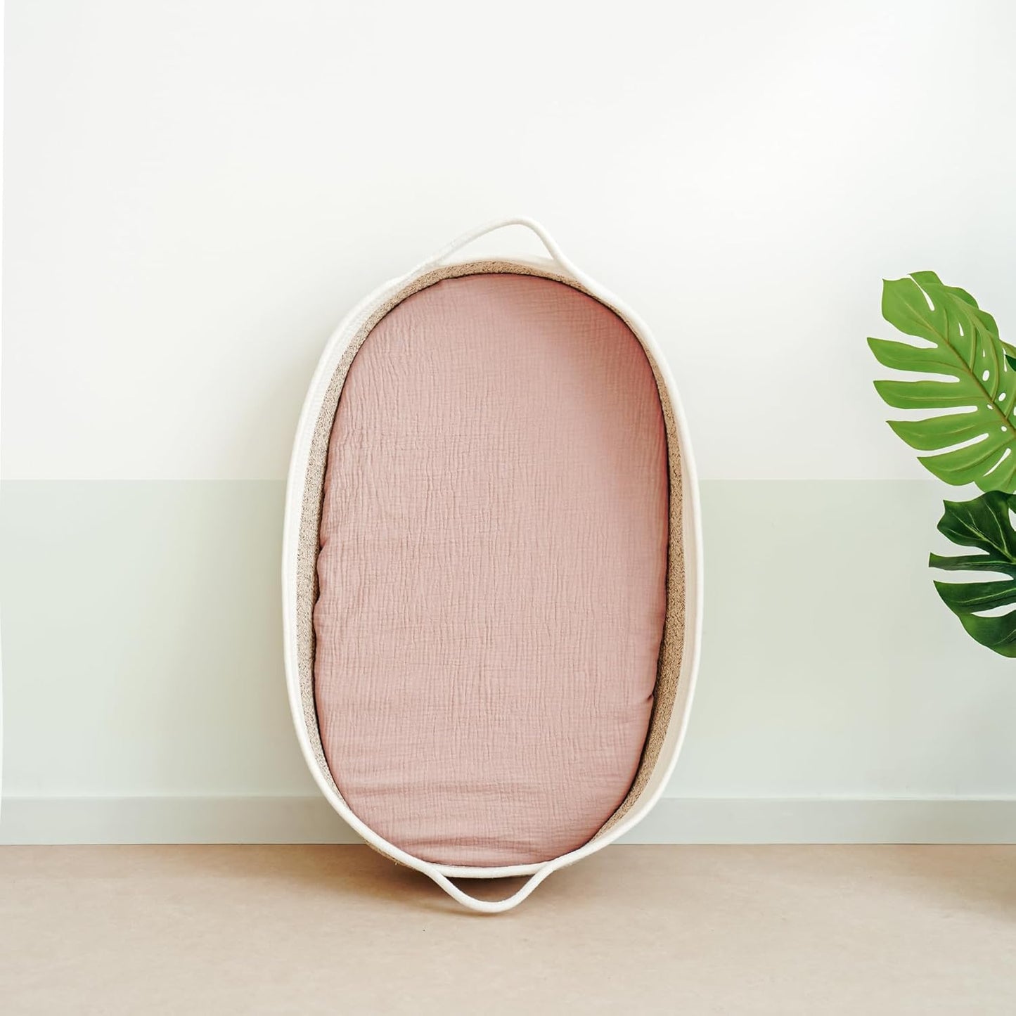 Muslin Bassinet Sheets for Babies – Soft & Breathable 100% Cotton Fitted Sheets for Oval, Rectangle, Hourglass Bassinet Mattress Pads, 2-Pack (Ivory & Pink)