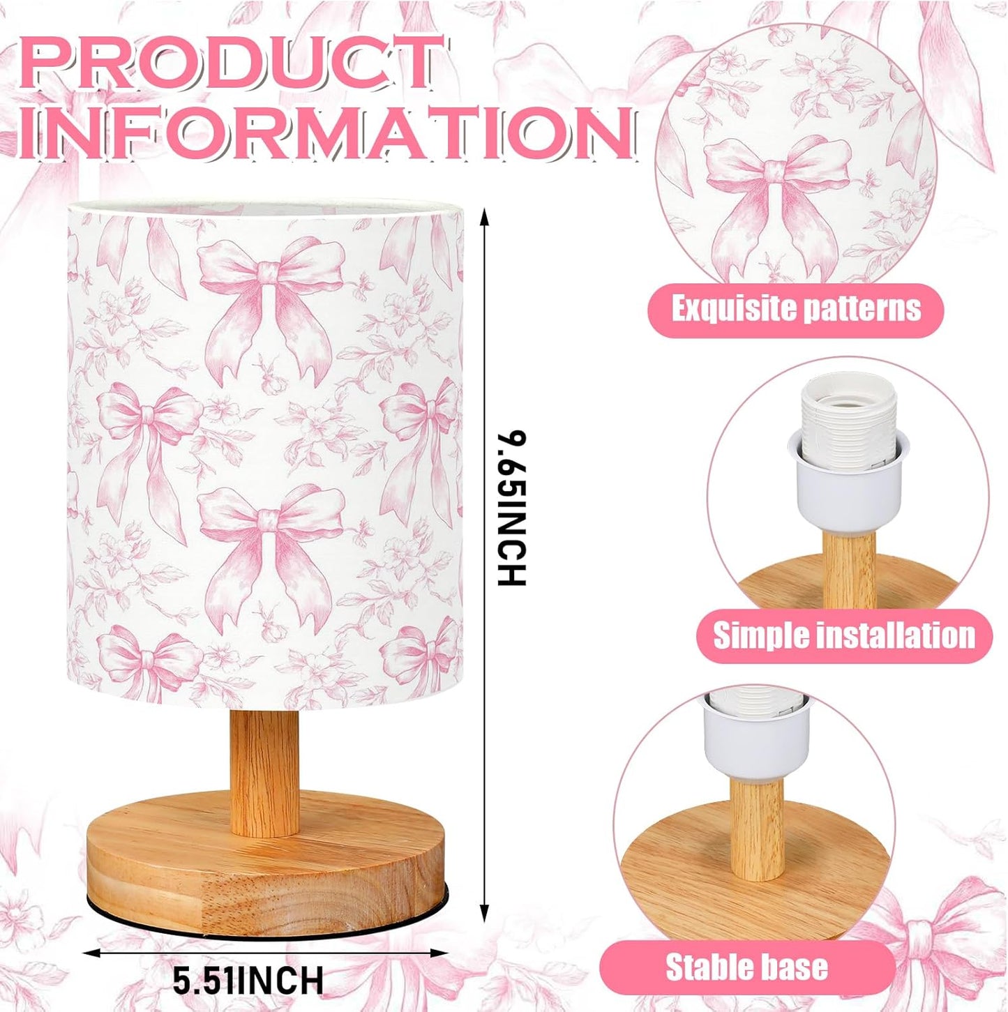 VIHOSE Floral Bow Kids Table Lamp for Bedroom Kids Bedside Lamp with Linen Wooden Nightstand Cartoon Nursery Lampshade for Girls Boys Living Room