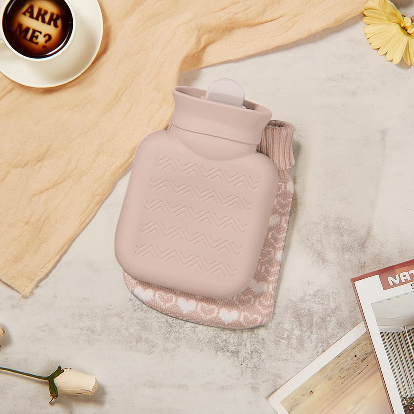 Amylove Mini Hot Water Bottle 320ml for Hot & Cold Compress with Cover Silicone Microwave Heating Small Water Bag for Travel Pain Relief Holiday Gifts(Beige)
