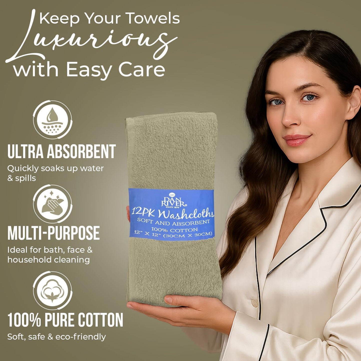 DAN RIVER 100% Cotton Wash Cloths 12 Pack [12x12] Soft & Absorbent Terry Cloth washcloths, Gym, Hotels & Spa Perfect for Everyday Use Fingertip Towels, Beige