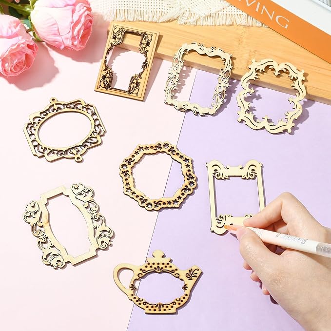 18 pcs 9 Styles Hollow Pyrography Theme Unfinished Blank Wood Cutout Charms