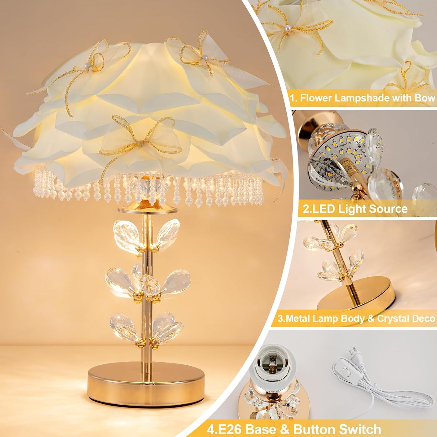 Cute White Table Lamp Girls Bedroom Modern Bow Desk Lamp Crystal Princess Bedside Light for Living Room Wedding Deco Study Room Entry Office