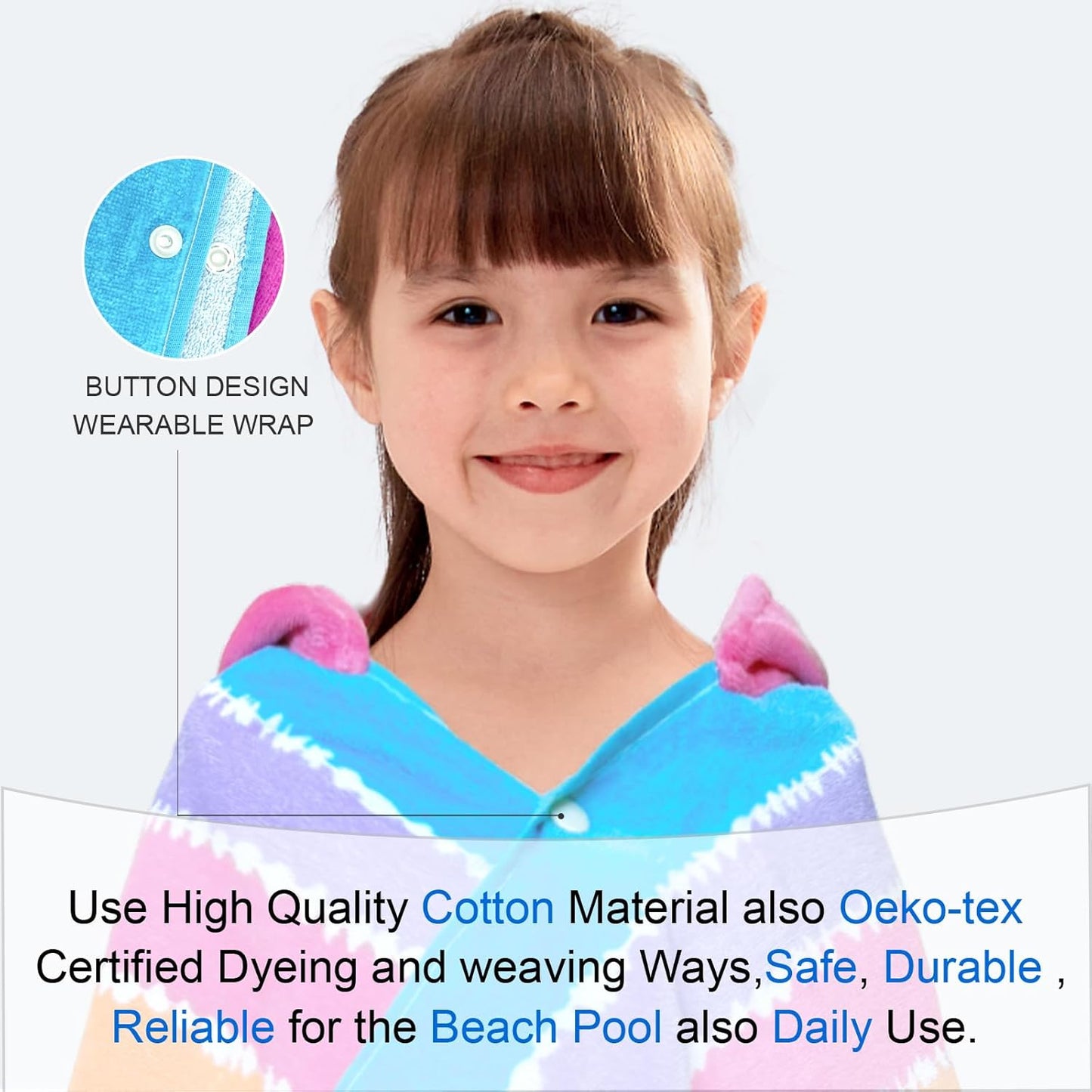 VOOVA & MOVAS Hooded Beach Towels for Girls & Kids (3-10 Years) | 30"x50" Soft Absorbent 100% Cotton Towel Wrap | Perfect for Toddler Beach, Pool, Bath, Swimming | Striped Color Design