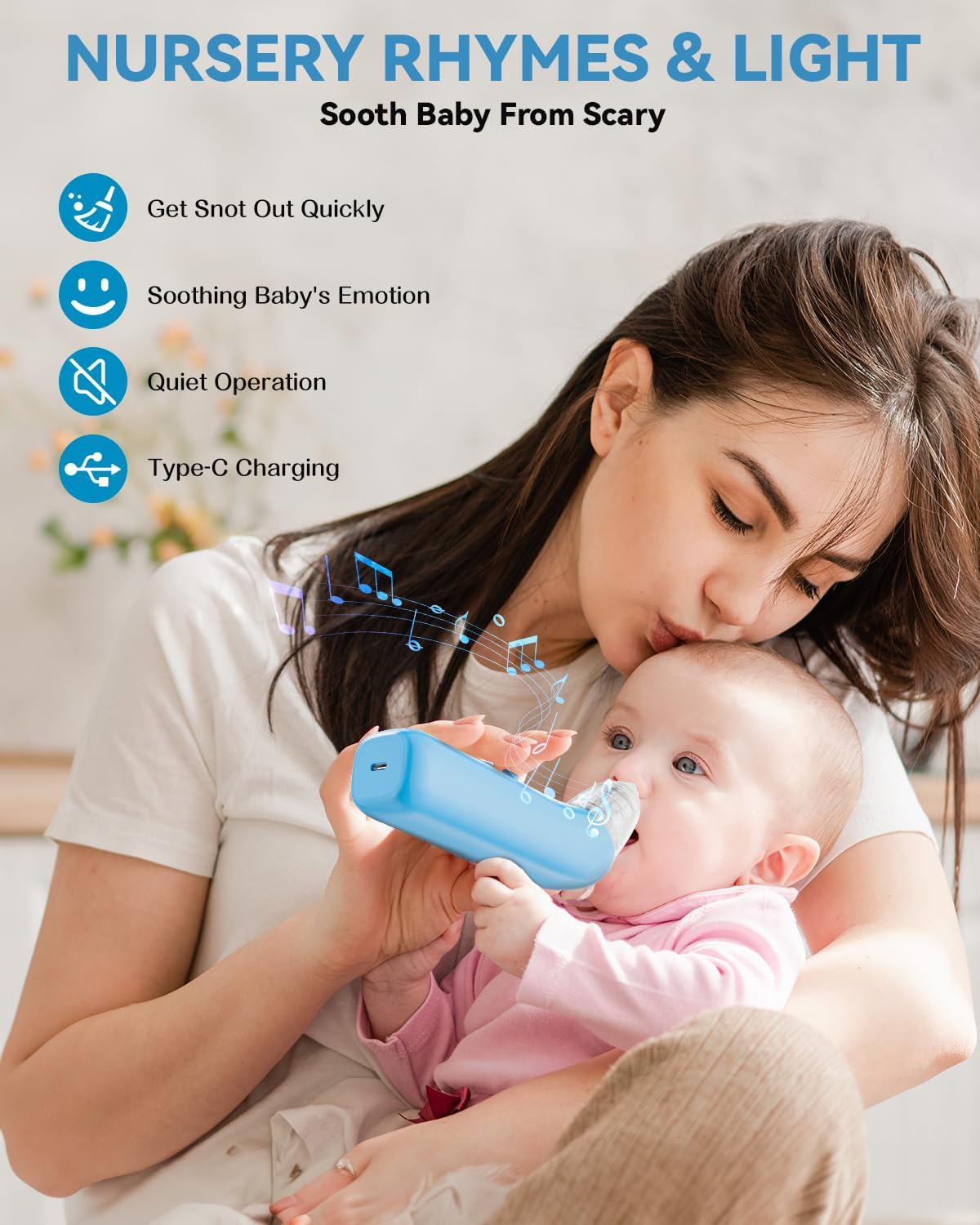 Nasal Aspirator for Baby, Electric Baby Nose Suction with 5 Adjustable Levels Suction, USB-C Rechargeable Mucus Cleaner with Lights and Music, Baby Nasal Aspirator for Toddler with 3 Silicone Tip