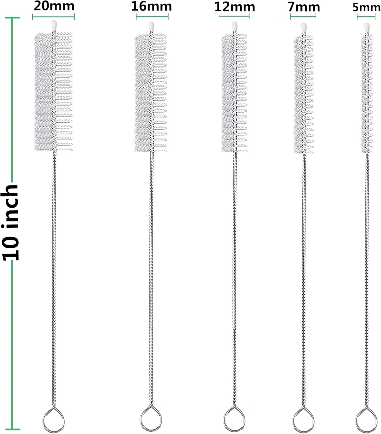 Straw Cleaner Brush Long 10 inch, 10-PCS Straw Brush of Bristles Diameter (5+8+12+16+20mm) for Cleaning Reusable Straws, Sippy Cup, Water Bottles, Tumblers, Tubes Clear Color