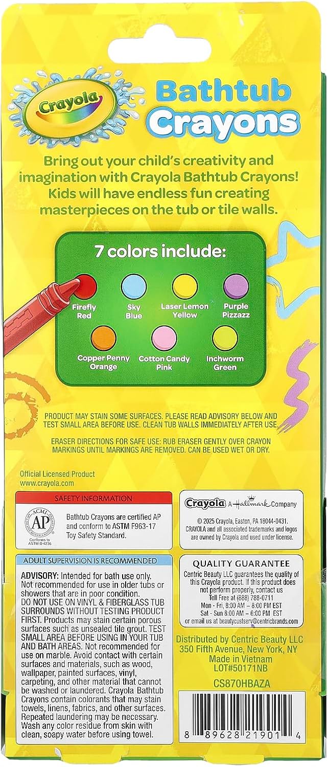 Crayola Bathtub Crayons 7 Pack + Eraser, Washable Tub Coloring Kit & Easy Cleanup Eraser, Firefly Red, Sky Blue & More Favorites, Gift for Creative Kids