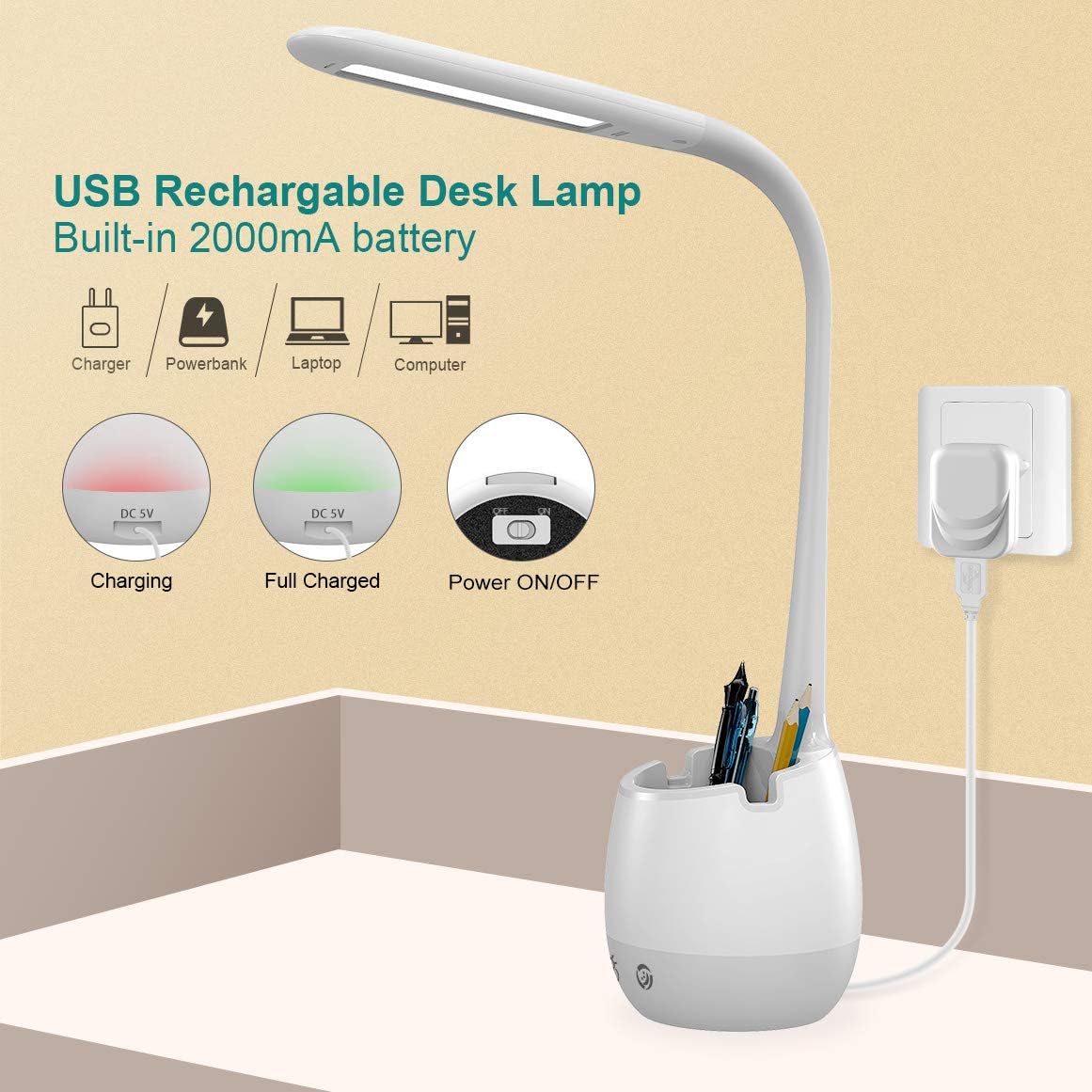 ERAY Rechargeable Battery Operated Lamp with 3 Color Modes/8 Colors Night Light/Pen Holder, Kids LED Desk Table Lamp for Home Office Dorm Reading Studying, Eye Caring, Ideal Gifts, Adapter Included