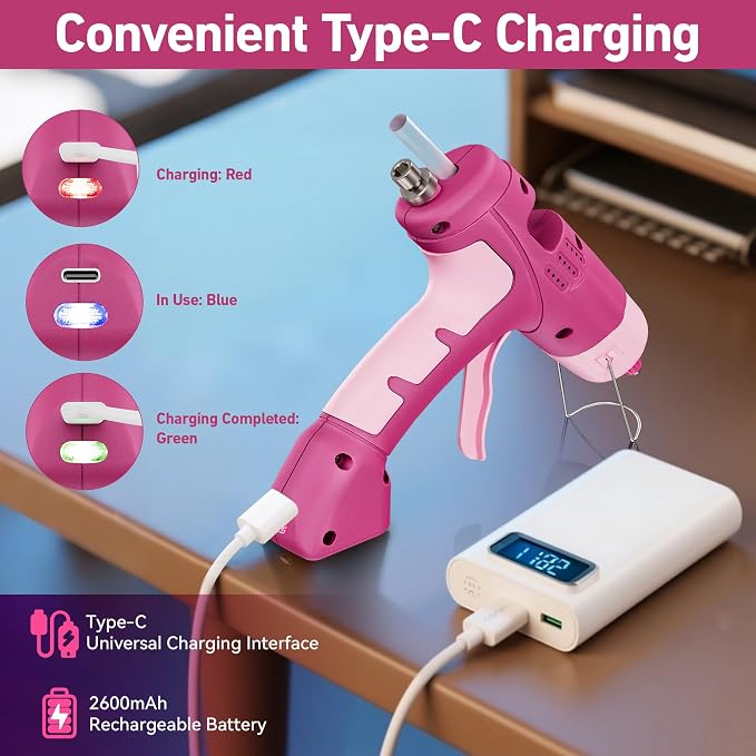 20W Cordless Hot Glue Gun with 30 Sticks Set, Rechargeable Pink Mini Glue Gun