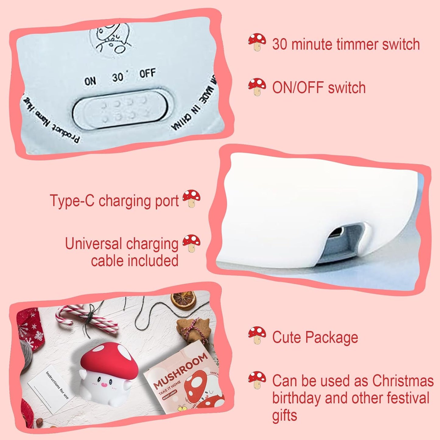 Mushroom Night Light, Cute Hug Mushroom Decor Lamp, Led Squishy Soft Silicone Night Lamp, Dimmable Rechargeable Portable Touch Nightlight for Kids Sleep, Nursery Room Cute Christmas Gifts