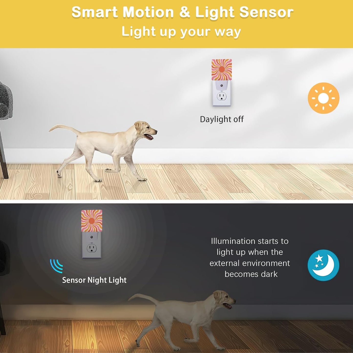 Boho Sun Night Light with Dusk to Dawn Light Sensors, Plug-in Wall Led Night Lights, Energy Efficient Lamp for Bedroom/Bathroom/Kitchen/Hallway/Stairs