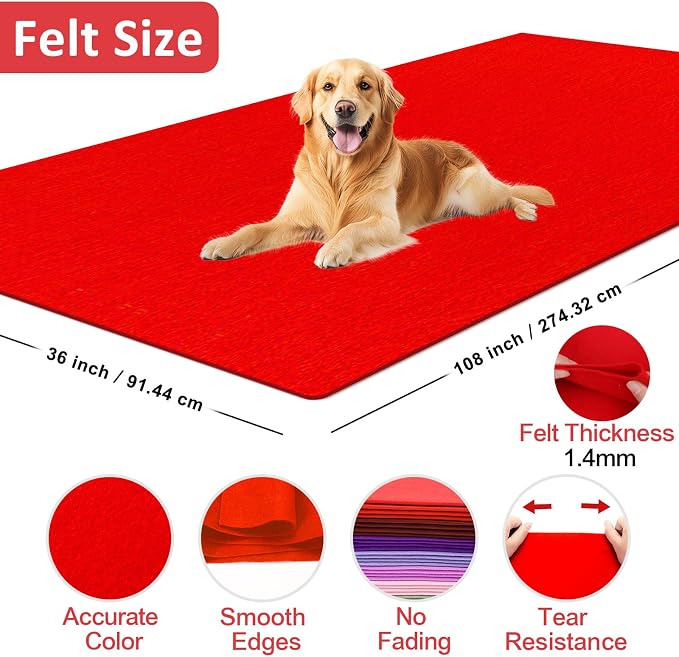 XSEINO Red Large Felt Fabric 108" X 36 ", 1.4 mm Thick Soft Felt Fabric Sheet