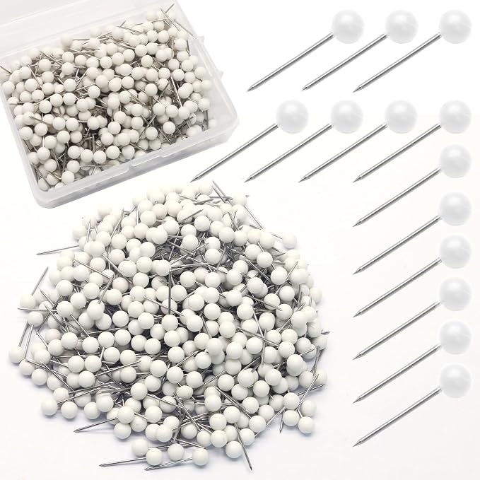 White Map Pins, 1/8 Inch, Round Ball Head | Map Tacks, Push Pins