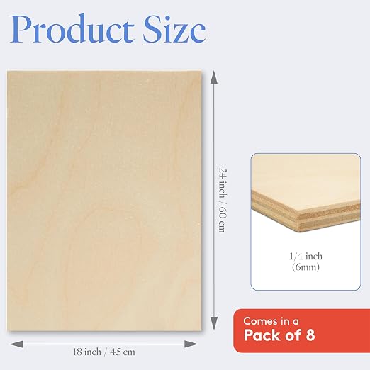 6 mm Baltic Birch Plywood 1/4 x 18 x 24 Inch, Box of 8 B/BB Grade Craft Wood