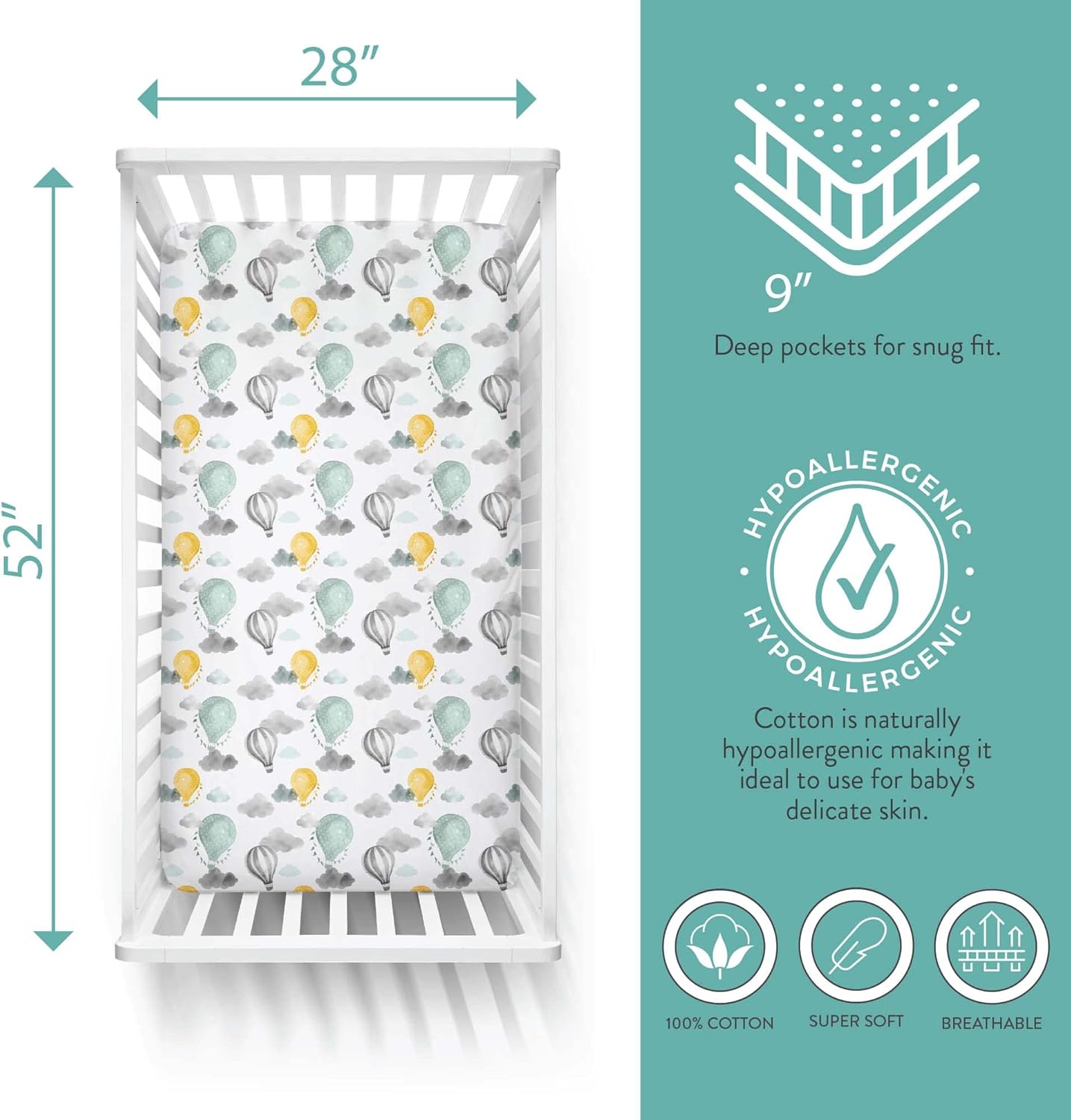 Featherhead™ 2-Pack Fitted Crib Sheets - 100% Cotton - 52" x 28" x 9" for Standard Crib and Toddler Mattress (Percale Green Balloons)