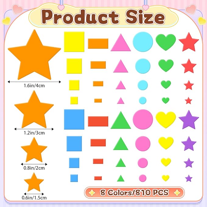 810Pcs Foam Stickers Foam Shape Stickers Colorful Self Adhesive, 8 Colors Heart