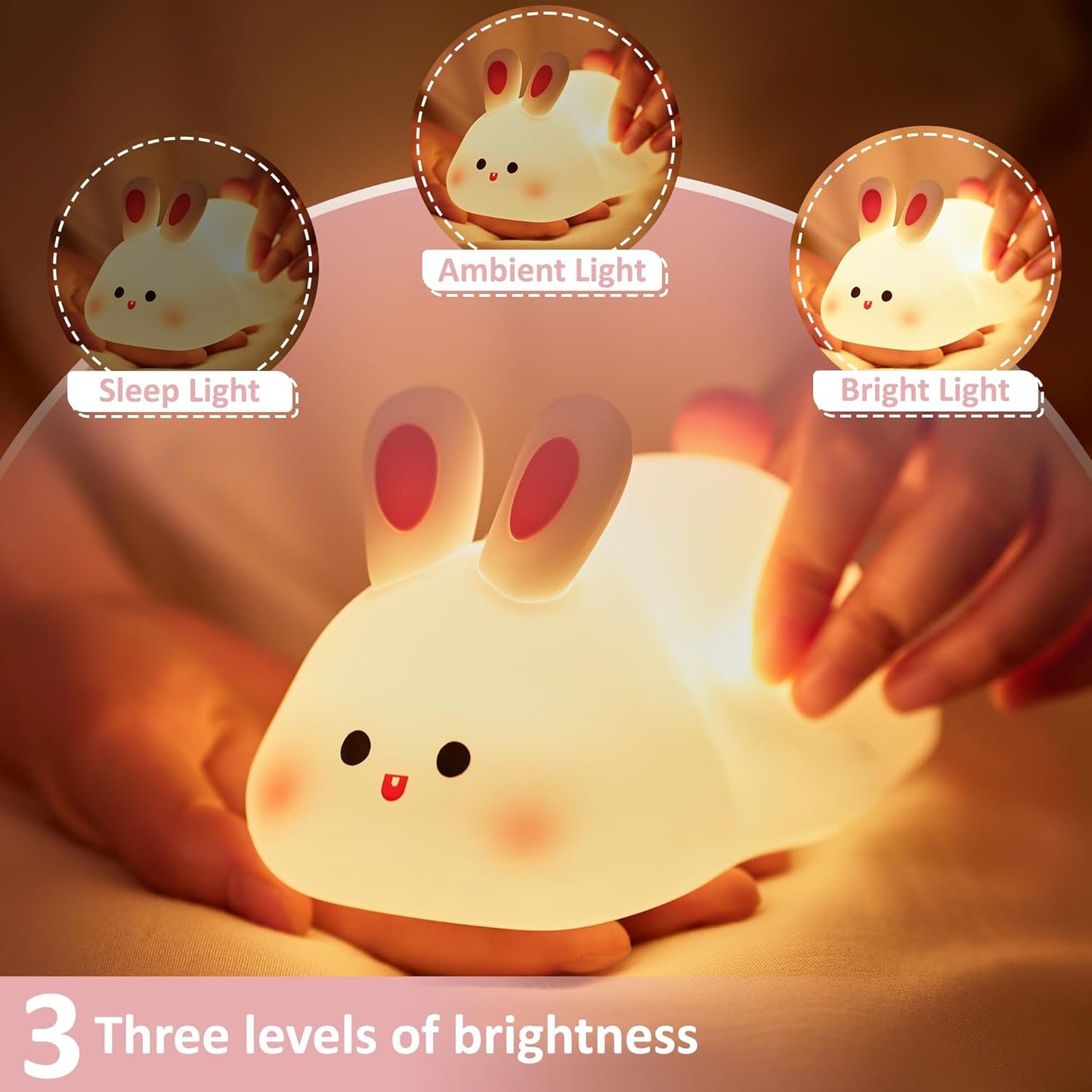Attivolife Cute Bunny Nursery Light, Easter Rabbit Squishy Silicone Touch Night Lamp Rechargeable, Kawaii Animal Toddler Room Decor Table Lamp, Child Girl Women Birthday Gift