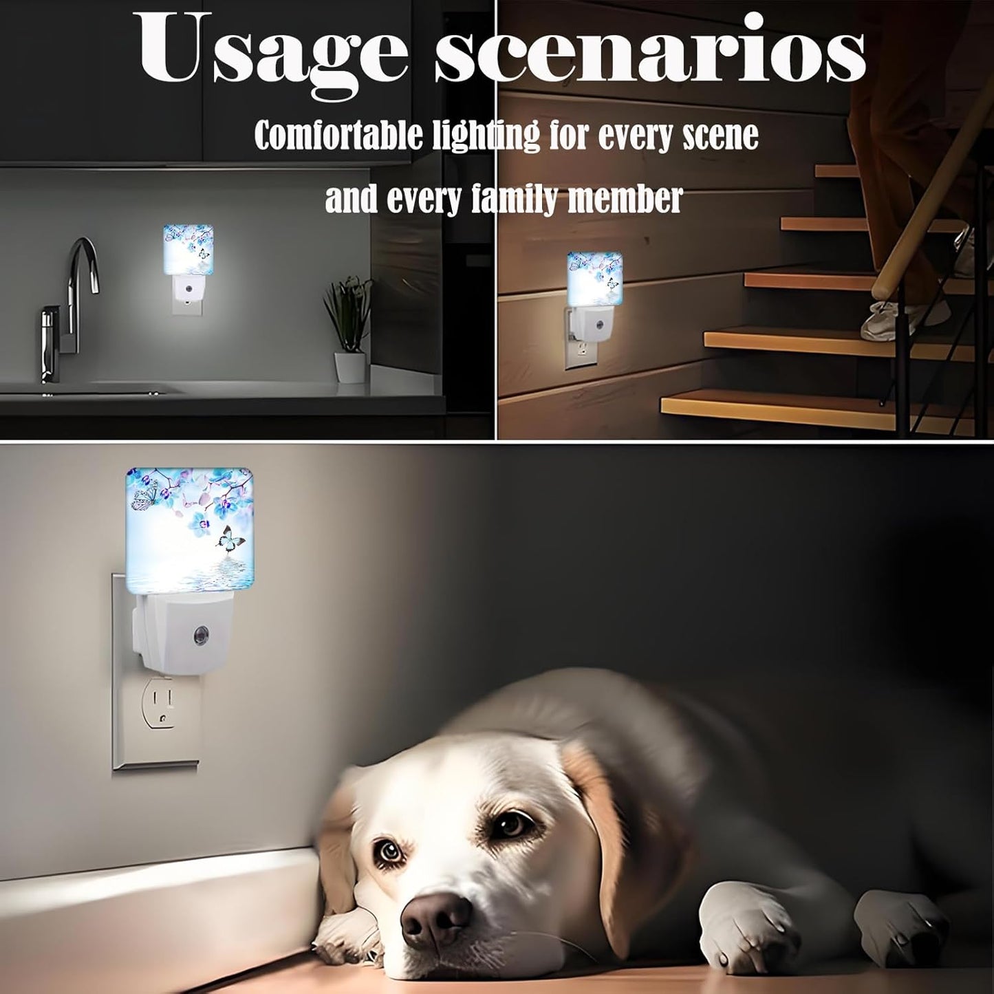 Orchids and Butterflies Night Light,Plug Into Wall with Dusk to Dawn Light Sensors, Warm Nightlights for Bedroom, Bathroom, Hallway, Kitchen, Gifts Ideal for Boys Girls Women Men